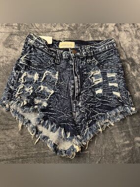 Aphrodite Distressed Acid-Wash Dark Blue High-Rise Denim Shorts